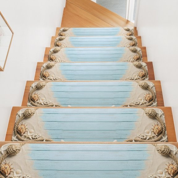 Summer Beach Stair Treads Non Slip for Steps Blue Wood Grain Country Starfish Conch Sand Rope 15 Pcs Reusable Adhesive Stair Runner Mats for Dogs Elders Carpet Treads Rugs for Staircase 8x30 In