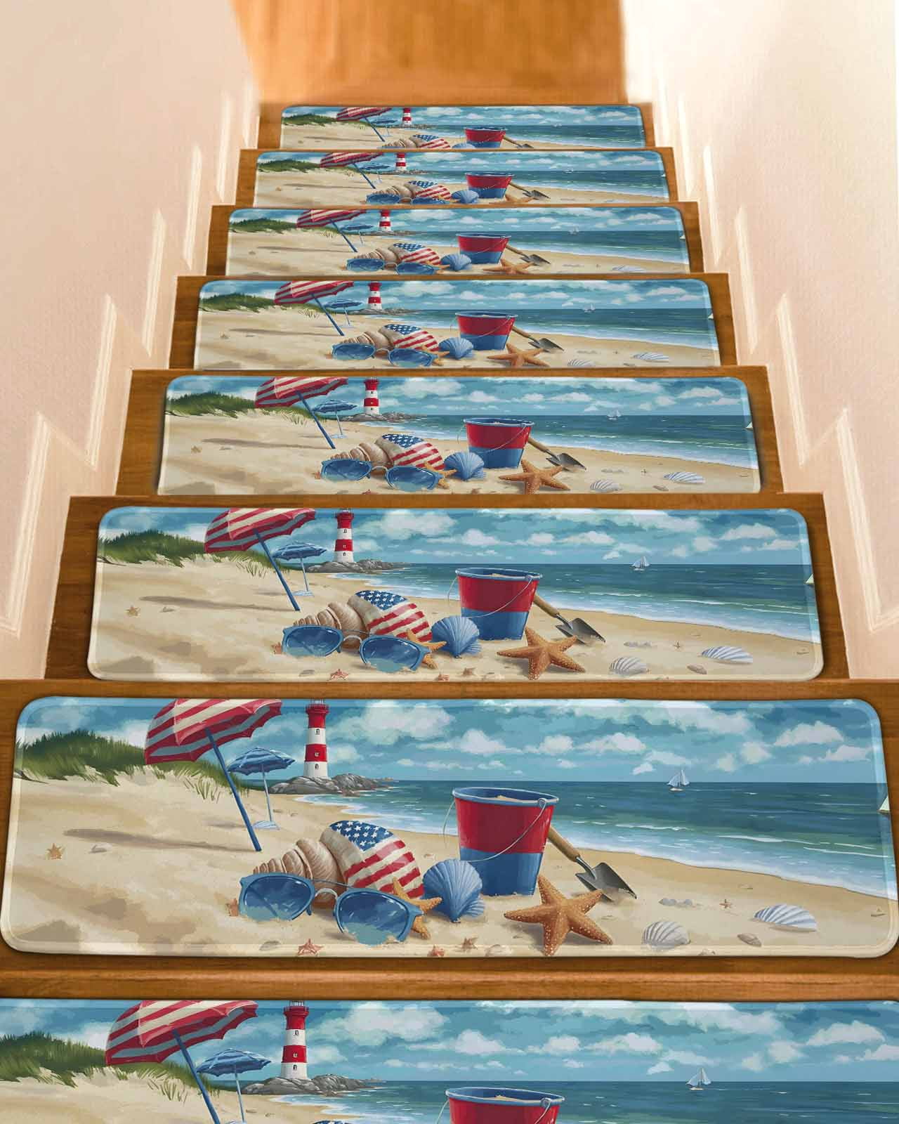 Summer Beach Stair Treads Ocean Blue Sky Shell Umbrella Sea Star Indoor ...