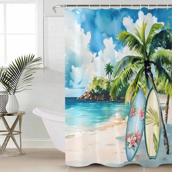 Summer Beach Standard Shower Curtain Set, Waterproof Shower Curtains for Bathroom, Tropical Coastal Palm Tree Surfboard Washable Fabric Cloth Bath Curtain for Bathtub with Hooks 72x72 Inches