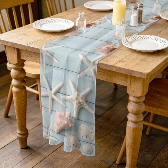 Summer Beach Starfish 4.5ft Cheesecloth Table Runner for Wedding 19"x55", Nautical Sea Shell Sand Dollar Wood Grain Kitchen Dinner Sheer Tulle Chiffon Dresser Scarf, Holiday Party Decorations