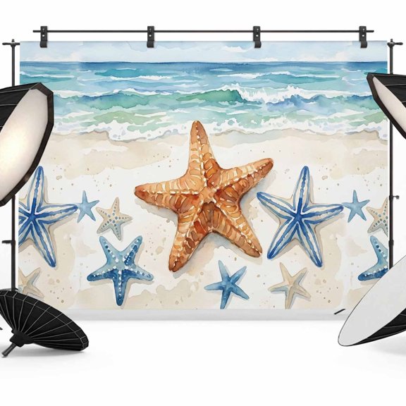 Summer Beach Starfish Backdrop for Photography, Modern Nautical Ocean Orange Blue Starfish Photo Backdrop Portrait Background Party Banner Photo Backgrounds for Studio Booth Props, 7x5ft