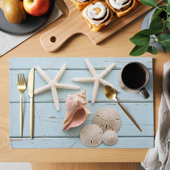Summer Beach Starfish Placemats Set of 12, Nautical Sea Shell Sand Dollar Blue Wood Grain Heat Insulated Linen Place Mats, Washable Stain-Proof Table Mats for Dining Tables Holiday Decor 13x19 Inches