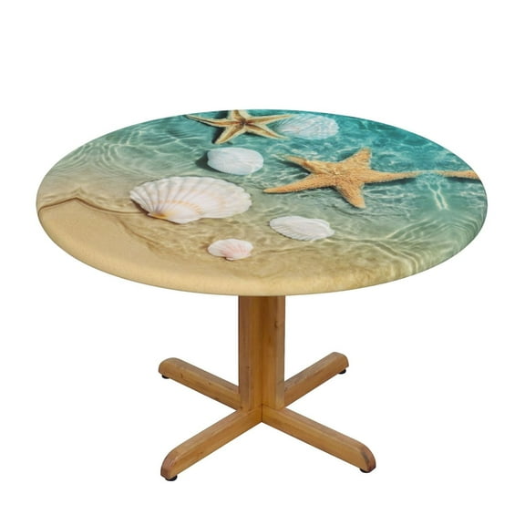 Summer Beach Fitted Tablecloths Round with Elastic, Starfish Shell Waterproof Table Cover for Outdoor Indoor Patio Kitchen - Fits Tables 45" to 50" Diameter