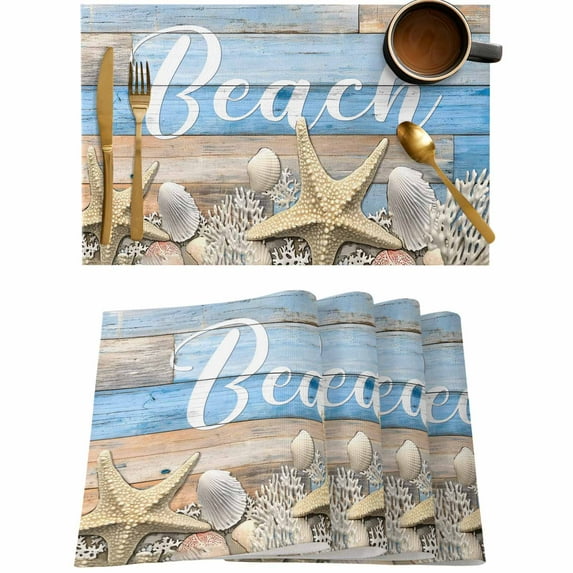 Summer Beach Starfish Shell Placemats Set of 4,Wipeable Washable Table Mats for Dining Tables,Farm Retro Wood Board Place Mats for Kitchen Event Party Tabletop Decor