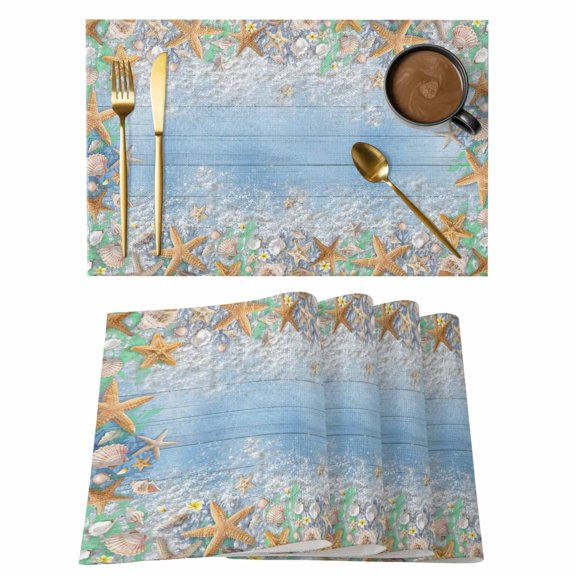 Summer Beach Starfish Shell Placemats Set of 6,Wipeable Washable Table Mats for Dining Tables, Gradient Blue Wooden Plank Place Mats for Kitchen Event Party Tabletop Decor