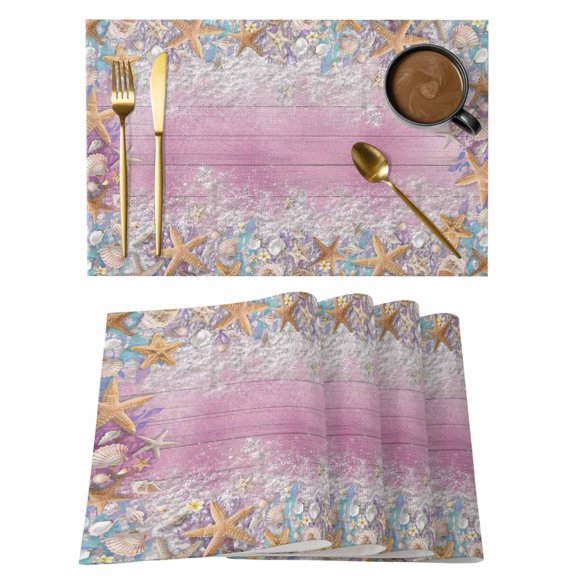 Summer Beach Starfish Shell Placemats Set of 6,Wipeable Washable Table Mats for Dining Tables, Gradient Wooden Plank Place Mats for Kitchen Event Party Tabletop Decor