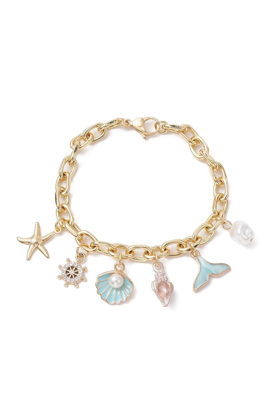 Summer Beach Starfish & Shell Shaped Alloy Enamel & Plastic Imitation Pearl Charm Bracelets Ocean Theme Brass Cable Bracelets for Women Golden 7-1/4 inch(18.5cm)