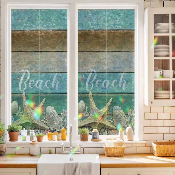 Summer Beach Starfish Shell Window Privacy Film,Decorative Windows Static Cling Teal Farm Wood Board Heat Control Removable Glass Sticker for Home Bathroom Bedroom Window Door,17.7x39.3in