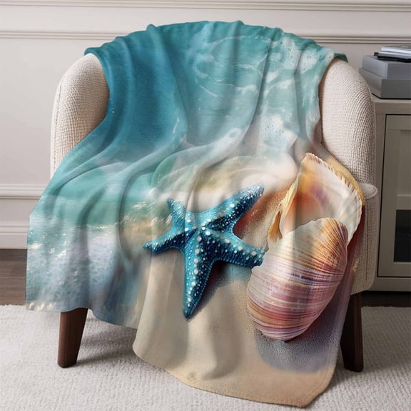 Summer Beach Starfish Shells Throw Blanket Flannel Fleece Throws, Blue Waves Water Ripple Lightweight Super Soft Warm Blankets for Couch Sofa Bed All Season Use, 50x60 in