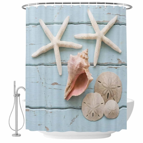 Summer Beach Starfish Shower Curtain for Bathroom, Nautical Sea Shell Sand Dollar Blue Wood Grain Waterproof Machine Washable Shower Curtain Set with Hooks, Bath Decoration for Bathtub Stall 72"x72"