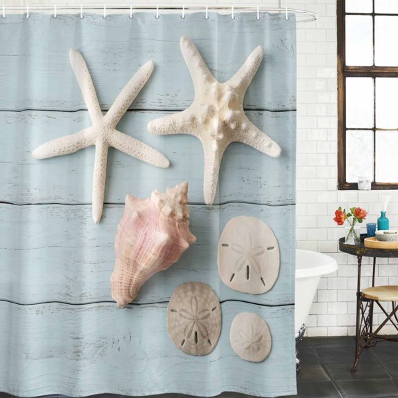 Summer Beach Starfish Shower Curtain, Nautical Sea Shell Sand Dollar Wood Grain Waterproof Washable Shower Curtain for Bathroom Bathtub Partition Bath Decoration Set with Hooks 72x72in