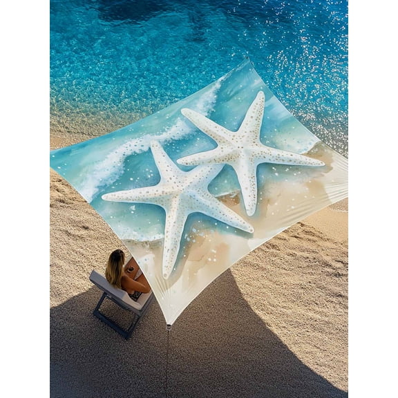Summer Beach Starfish Sun Shade Sail 6.5' x 10', Nautical Watercolor Teal Ocean Starfish Rectangle Outdoor Sunshade Canopy, Waterproof UV Block Patio Covers for Garden Yard Beach