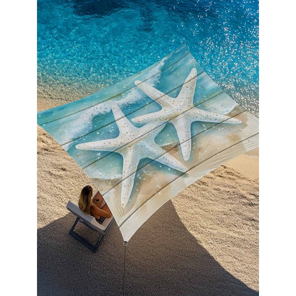 Summer Beach Starfish Sun Shade Sail 6.5' x 10', Nautical Watercolor Teal Ocean Starfish Wood Grain Rectangle Outdoor Sunshade Canopy, Waterproof UV Block Patio Covers for Garden Yard Beach