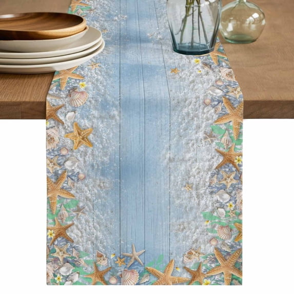 Summer Beach Starfish Table Runner 70 Inches, Blue Coastal Ocean Conch Wood Grain Bed Runner Dresser Scarves Tabletop for Indoor Outdoor Parties/Ceremony/Banquet, 13" x 70"