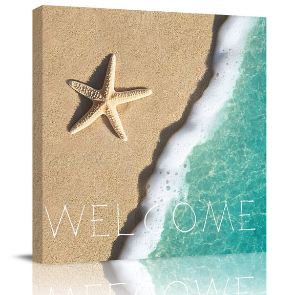 Summer Beach Starfish Teal Seawater Canvas Artwork Painting Art, Seaside Sand Welcome Quote Square Framed Wall Decorations Prints Picture for Bedroom Kitchen Living Room, 8x8 in