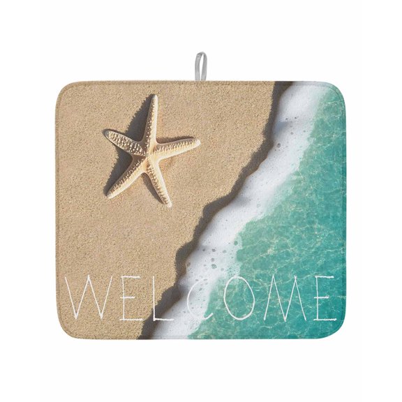 Summer Beach Starfish Teal Seawater Dish Drying Mats for Kitchen Counter,Absorbent Microfiber Dish Drainer Rack Mat Seaside Sand Welcome Quote Drying Pad for Sinks,Utensils,Countertops,16x18in