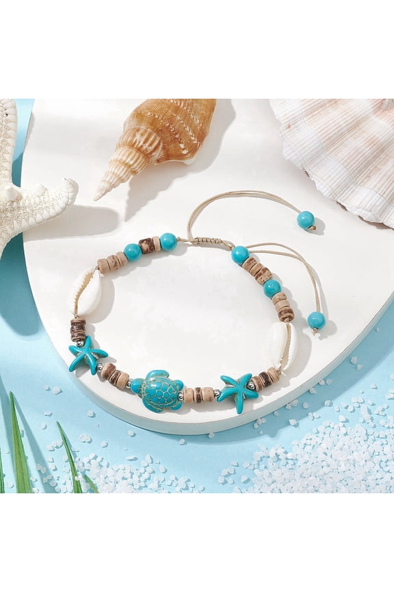 Summer Beach Starfish Turtle Adjustable Anklets Dyed Turquoise Shell Coconut BeadedInner Diameter: 1-3/4 inch(45mm)~3-1/2 inch(88mm)