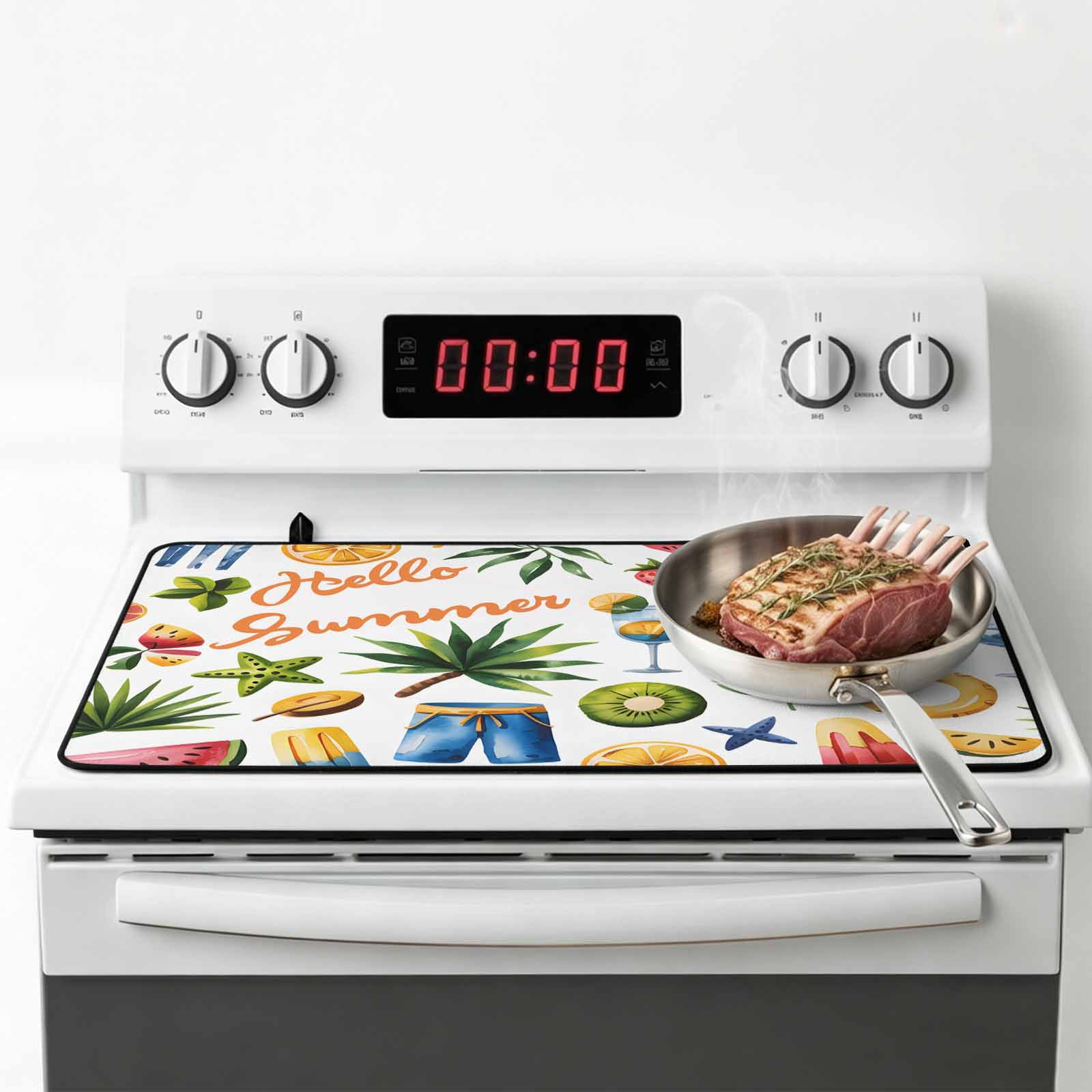 Summer Beach Stove Top Cover for Electric Stove, Heat-proof & Non Slip Glass Top Stove Cover Protector, Tropical Coconut Watermelon Lemon Flamingo Kitchen Flat Cooktop Rubber Mat 24x21 Inches
