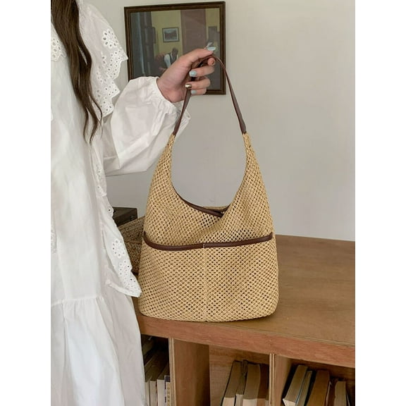 Summer Beach Straw Bags for Women Retro Design Female Pocket Commuter Tote Handbags Seaside Travel Ladies Woven Underarm Bag