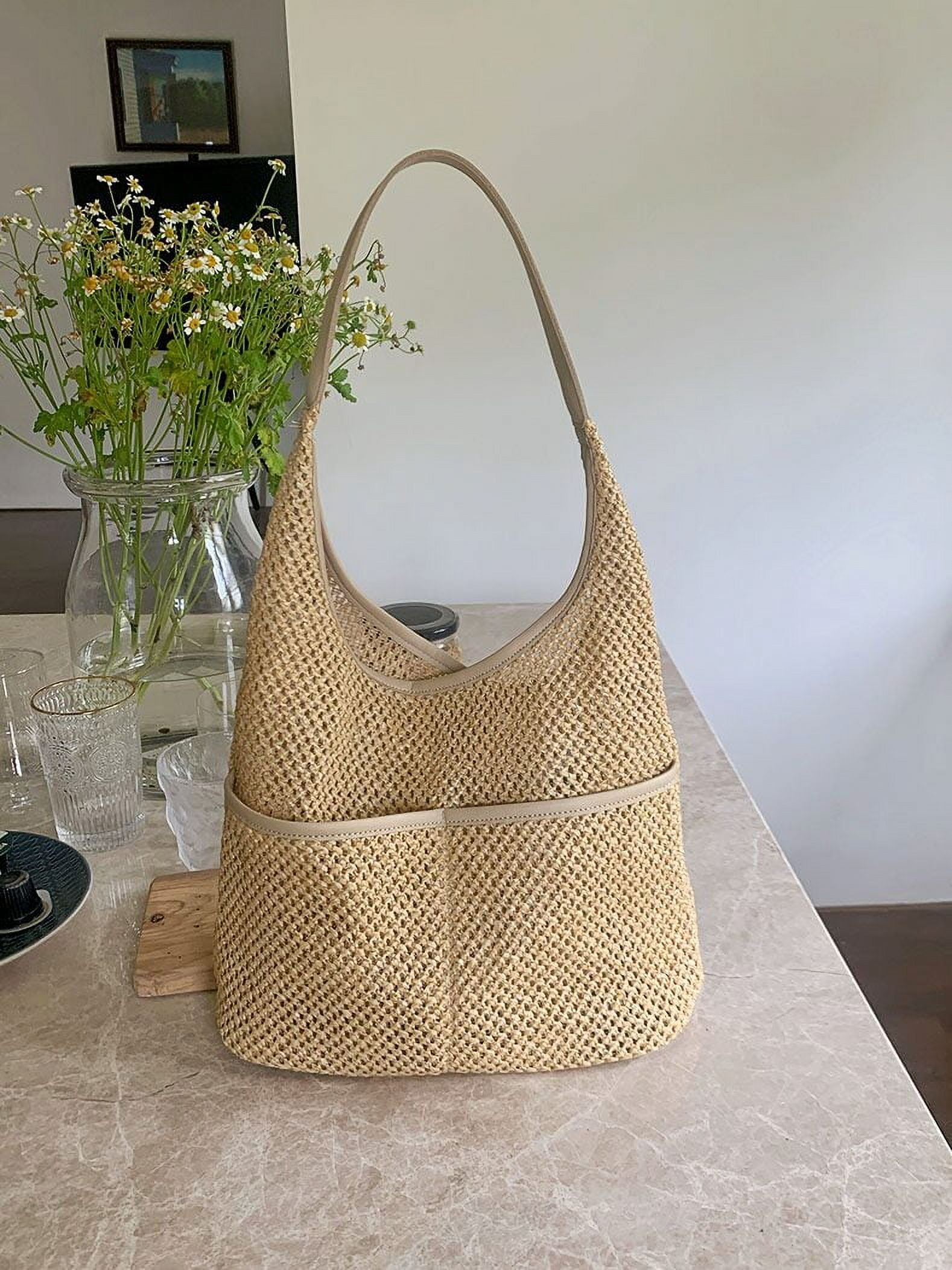 Summer Beach Straw Bags for Women Retro Design Female Pocket Commuter Tote Handbags Seaside Travel Ladies Woven Underarm Bag