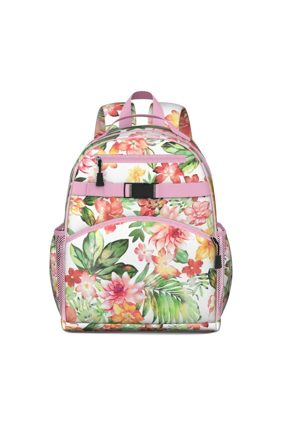 Summer Beach Student Backpack Studentss Tropical Floral Hawaiian Print Jungle Leaves Exotic Hibiscus Botanical Lightweight Durable Chest Strap Bookbag