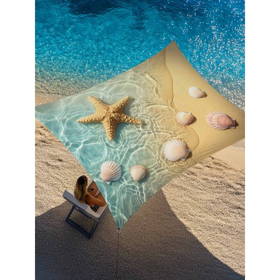 Summer Beach Sun Shade Sail 14' x 18', Starfish Seashell Teal Ocean Wave Seaside Sand Rectangle Outdoor Sunshade Canopy, Waterproof UV Block Patio Covers for Garden Yard Beach
