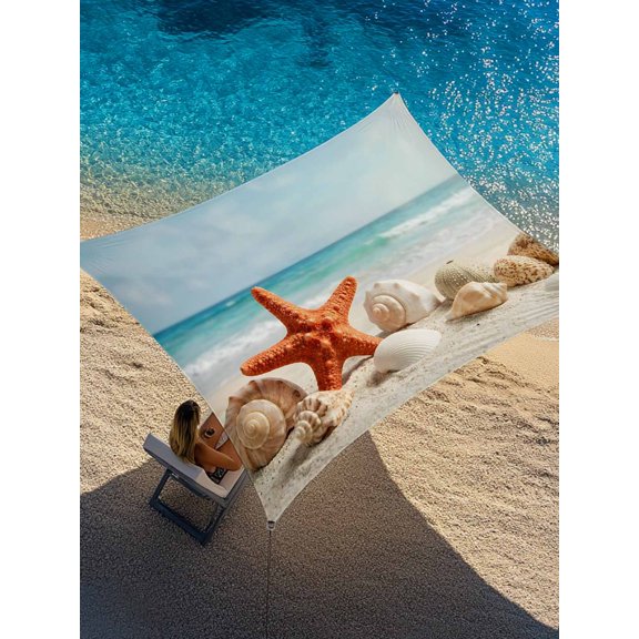 Summer Beach Sun Shade Sail 14' x 18', Vacation Sand Starfish Seashell Blue Sky Sea Wave Rectangle Outdoor Sunshade Canopy, Waterproof UV Block Patio Covers for Garden Yard Beach