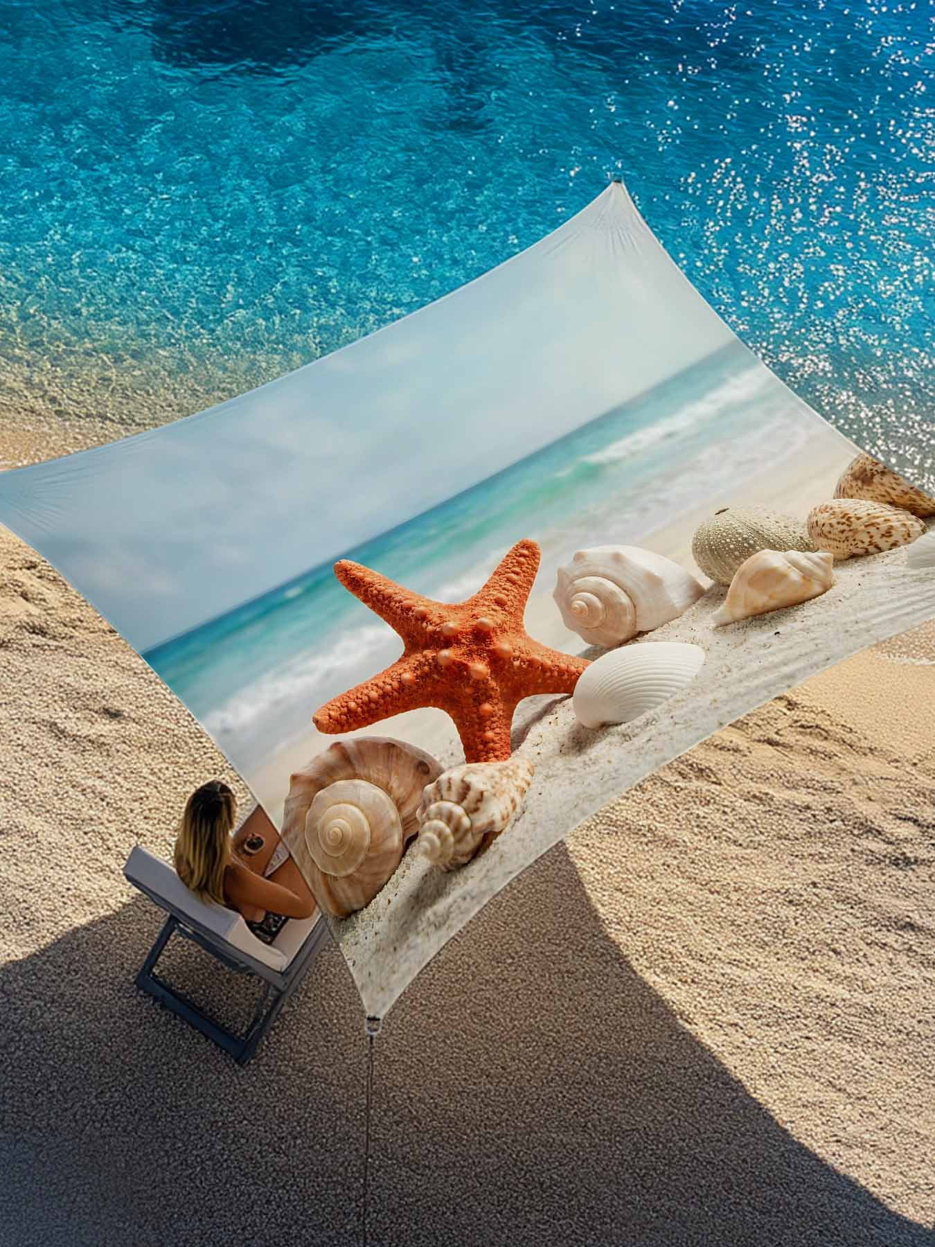 Summer Beach Sun Shade Sail 6.5' x 10', Vacation Sand Starfish Seashell ...