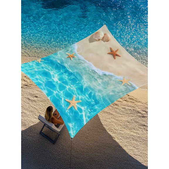 Summer Beach Sun Shade Sail 8' x 10', Blue Teal Ocean Waves Beige Sand Starfish Shells Rectangle Outdoor Sunshade Canopy, Waterproof UV Block Patio Covers for Garden Yard Beach