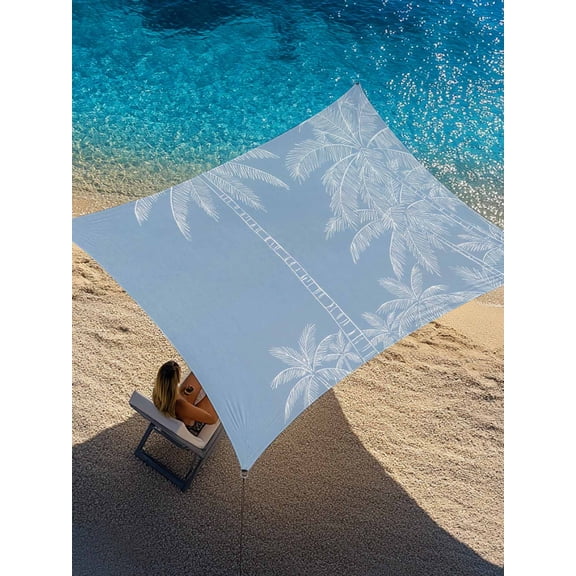 Summer Beach Sun Shade Sail 8' x 10', Graffiti White Palm Trees Abstract Plant Blue Coastal Rectangle Outdoor Sunshade Canopy, Waterproof UV Block Patio Covers for Garden Yard Beach
