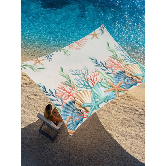 Summer Beach Sun Shade Sail 8' x 10', Ocean Colorful Coral Shell Seaweed Starfish Linen Rectangle Outdoor Sunshade Canopy, Waterproof UV Block Patio Covers for Garden Yard Beach