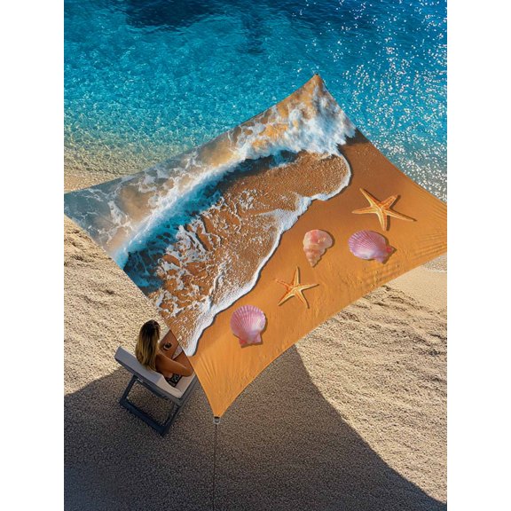 Summer Beach Sun Shade Sail 8' x 10', Ocean Waves Shell Starfish Conch Coastal Rectangle Outdoor Sunshade Canopy, Waterproof UV Block Patio Covers for Garden Yard Beach
