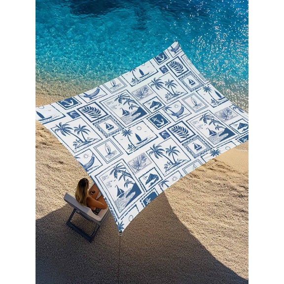 Summer Beach Sun Shade Sail 8' x 10', Tropical Coconut Tree Anchor Boat White Plaid Rectangle Outdoor Sunshade Canopy, Waterproof UV Block Patio Covers for Garden Yard Beach