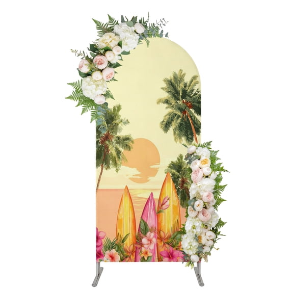 Summer Beach Sunset Arch Backdrop Cover 4FT, Tropical Palm Coastal Surfboard Floral Spandex Fitted Stretchy Arch Stand Covers, Round Top Chiara Backdrop Cover for Wedding Party Birthday Baby Shower