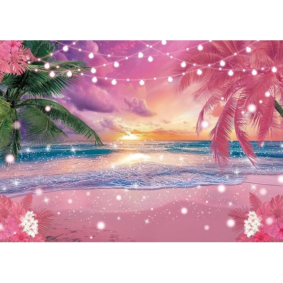Summer Beach Sunset Backdrop Pink Tropical Hawaii Luau Seaside Palm Trees Photography Background Summer Beach Birthday Party Decorations Photoshoot Studio Photo Props