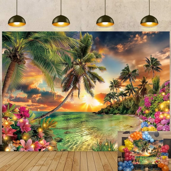 Summer Beach Sunset Backdrop Tropical Flower Palm Tree Ocean Background Luau Aloha Hawaiian Beach Party Decorations Banner Supplies Photo Booth Props