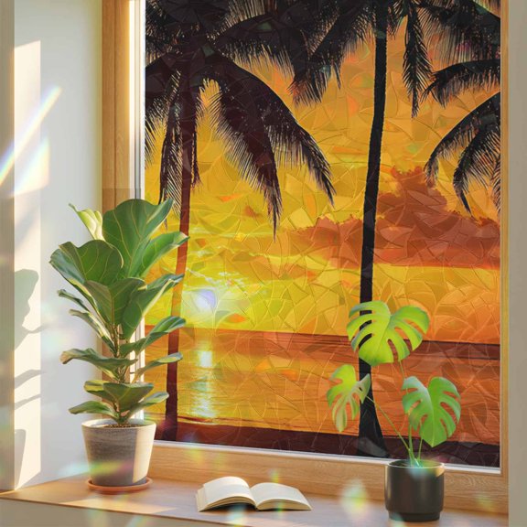 Summer Beach Sunset Coconut Tree Window Privacy Film, Rainbow Film Decorative Window Sticker 17.7x39.3in, Seaside Scenery Sun Blocking Static Stained Glass Cling Tint Non-Adhesive