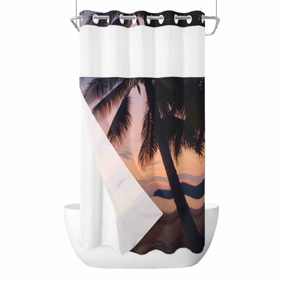 Summer Beach Sunset No Hook Shower Curtain with Snap in Liner Set,Coconut Tree Shadow Waterproof Fabric Shower Curtains with See Through Top Window for Bathroom,36Wx72L