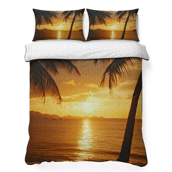 Summer Beach Sunset Landscape 3 Piece Quilt Bedding Set with 2 Pillow Shams, Coastal Ocean Palm Tree Gold Cloud Sky Lightweight Bedspread Coverlet, Soft Breathable All Season Quilt, 68 x 98 Inch