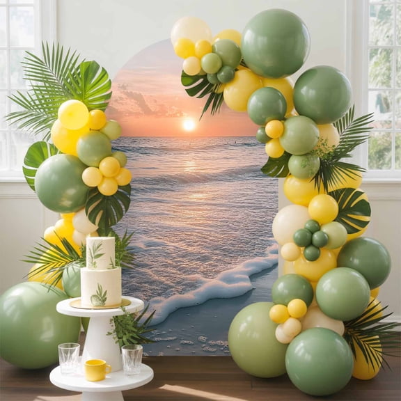 Summer Beach Sunset Landscape Arch Backdrop Cover, 5FT, Coastal Ocean Red Cloud Sky Wave Spandex Arch Covers Double-Sided Backdrop for Wedding Birthday Party Photo Background Decoration