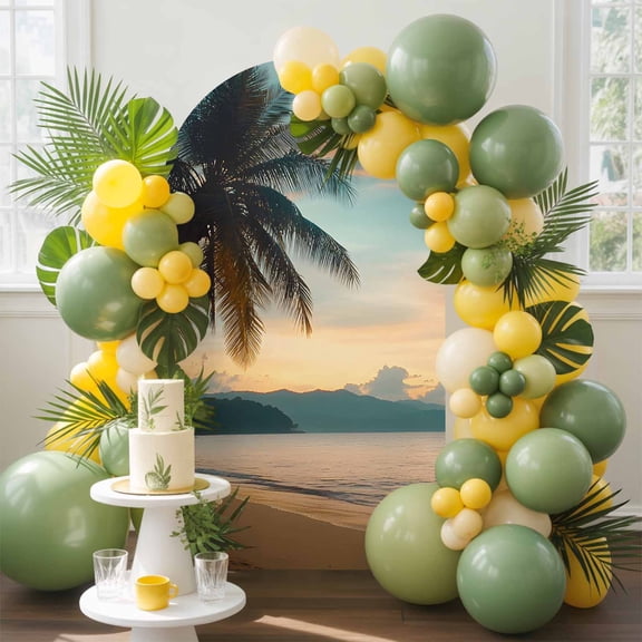 Summer Beach Sunset Landscape Arch Backdrop Cover, 6FT, Coastal Ocean Palm Tree Blue Cloud Sky Spandex Arch Covers Double-Sided Backdrop for Wedding Birthday Party Photo Background Decoration