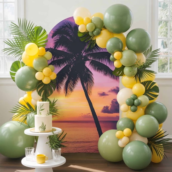 Summer Beach Sunset Landscape Arch Backdrop Cover, 7.2FT, Coastal Ocean Palm Tree Red Cloud Sky Spandex Arch Covers Double-Sided Backdrop for Wedding Birthday Party Photo Background Decoration