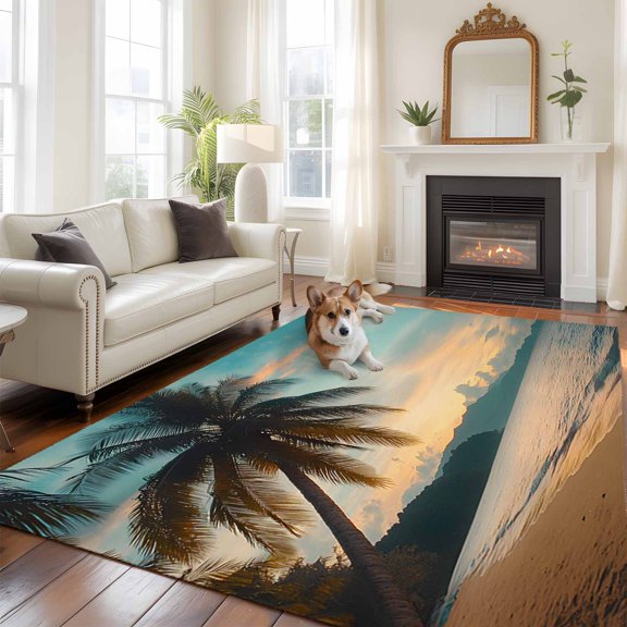 Summer Beach Sunset Landscape Area Rugs 5x7 ft Coastal Ocean Palm Tree Blue Cloud Sky Washable Rug Non Slip Indoor Carpet Absorbent Floor Mat for Living Room Bedroom Dining Room