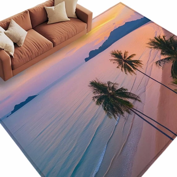 Summer Beach Sunset Landscape Area Rug 8x10ft Coastal Ocean Palm Tree Cloud Sky Wave Non-Slip Washable Square Rugs Soft Felt Indoor Floor Mat for Bedroom Kitchen Living Room Bathroom