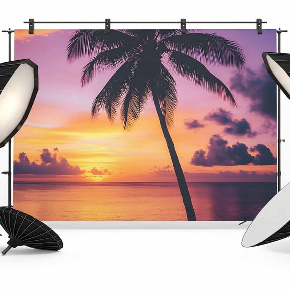 Summer Beach Sunset Landscape Backdrop for Photography, Coastal Ocean Palm Tree Red Cloud Sky Photo Backdrop Portrait Background Party Banner Photo Backgrounds for Studio Booth Props, 7x5ft