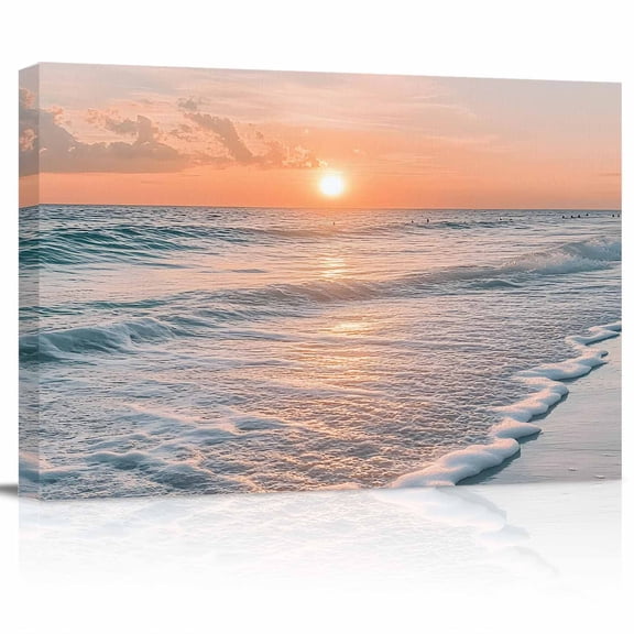 Summer Beach Sunset Landscape Canvas Print Wall Art Coastal Ocean Red Cloud Sky Wave Pictures Painting Morden Artwork for Living Room Bedroom, Ready to Hang - 12"x16"