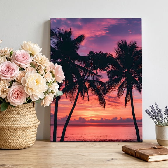 Summer Beach Sunset Landscape Canvas Wall Art, Coastal Ocean Palm Tree Red Cloud Sunlight Pictures Wall Decor Wooden Framed Artwork Art Prints for Living Room Hallway Bedroom Office 8"x10"