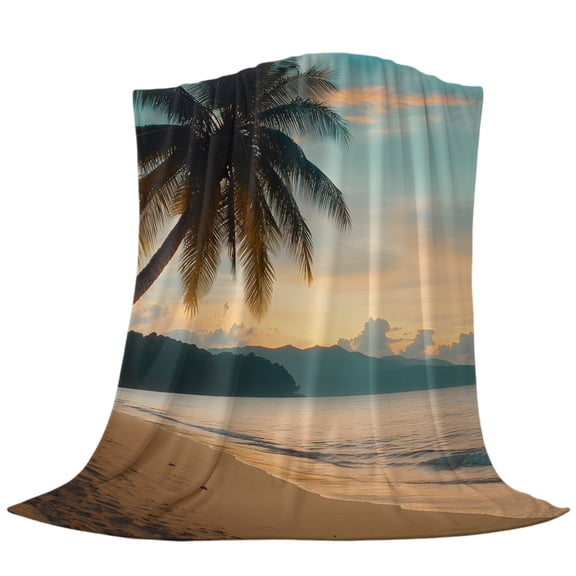 Summer Beach Sunset Landscape Fleece Throw Blanket Lightweight Coastal Ocean Palm Tree Blue Cloud Sky Fuzzy Flannel Throws Super Soft Cozy Flannel Blanket for Couch, Sofa, Bed, Travel 60"x80"