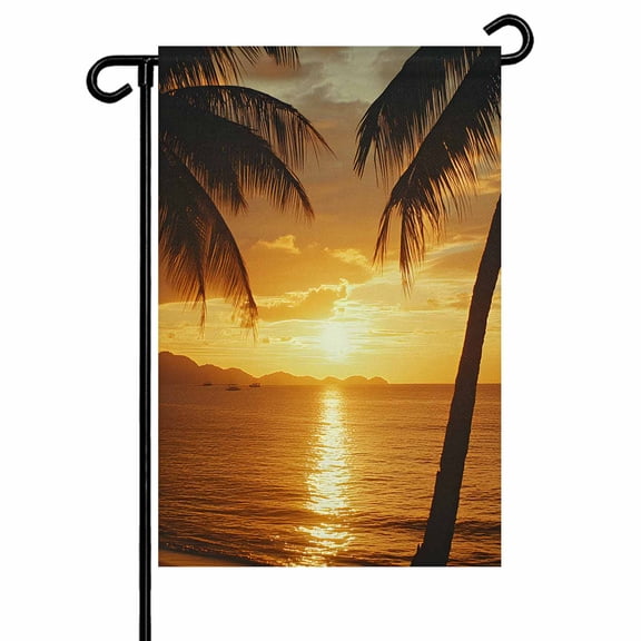 Summer Beach Sunset Landscape Garden Flag 12x18 Inch Coastal Ocean Palm Tree Gold Cloud Sky Double Sided Small Decorative Garden Flags for Outside, Outdoor Yard Porch Lawn Decoration