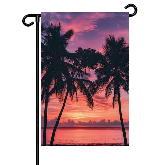 Summer Beach Sunset Landscape Garden Flag 12x18 Inch Coastal Ocean Palm Tree Red Cloud Sunlight Double Sided Small Decorative Garden Flags for Outside, Outdoor Yard Porch Lawn Decoration
